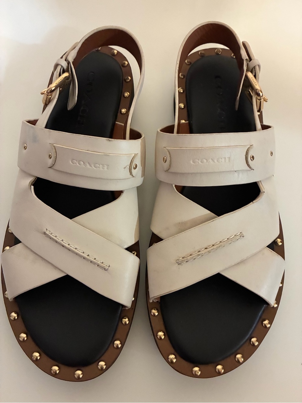 Coach White Leather Studded Slingback Sandals